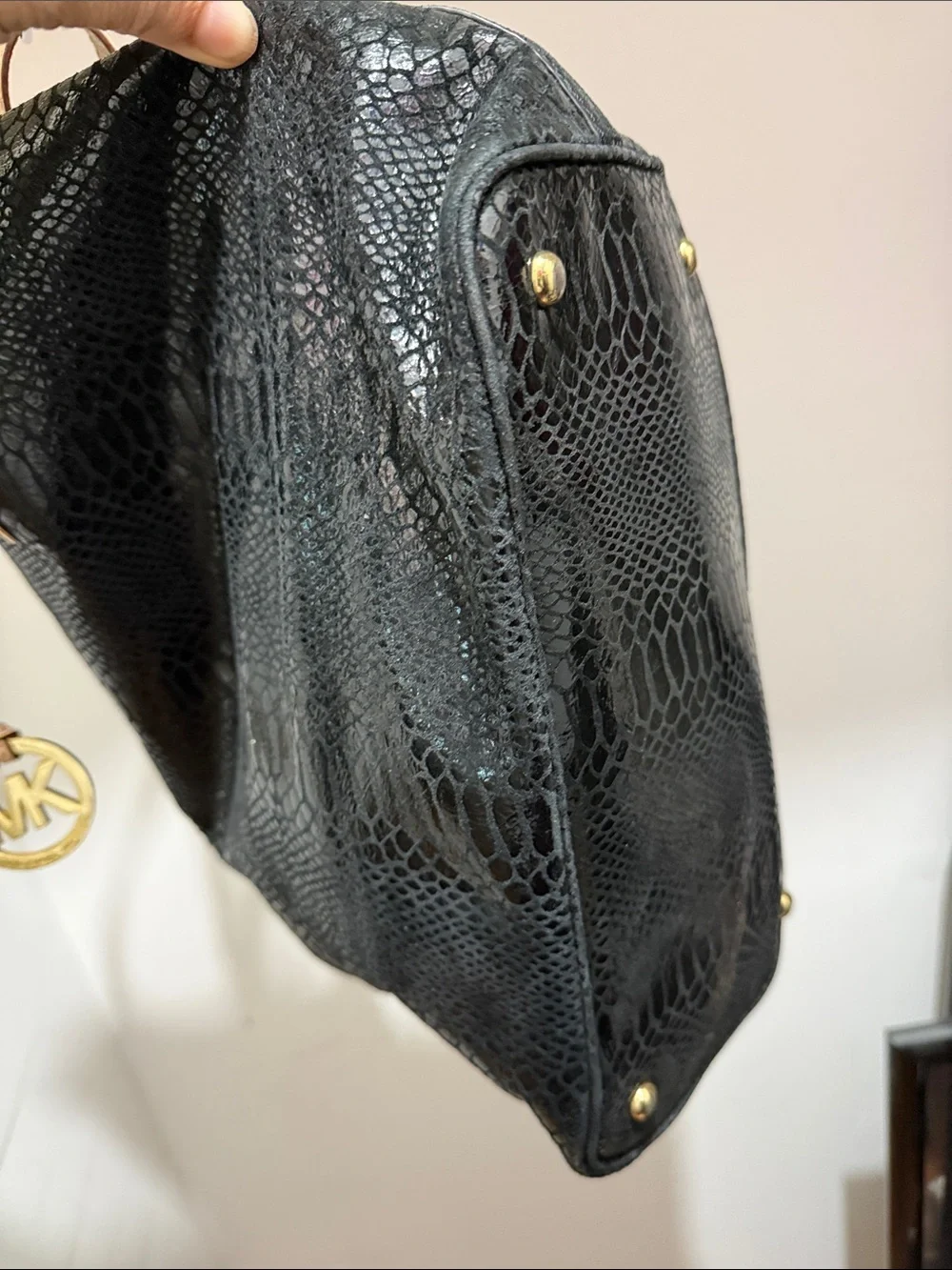 Michael Kors Black Faux-Snake Tote with Tan Shoulder Straps